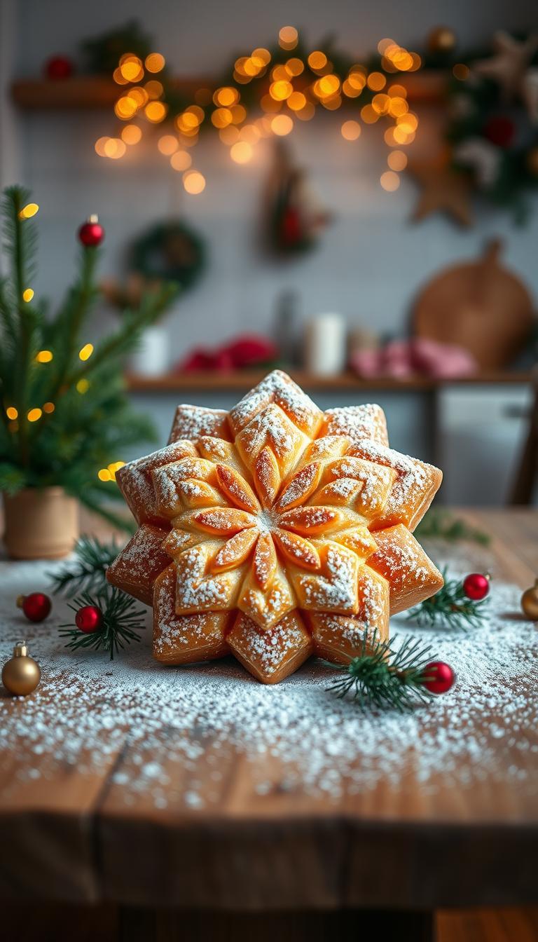 A beautifully styled pandoro, an Italian holiday cake-bread, prominently displayed in the foreground. The pandoro is dusted with a light snowfall of powdered sugar, showcasing its star-shaped design and golden-brown, flaky texture. Surrounding it, festive decorations like sprigs of pine and small ornaments create a warm and inviting atmosphere. In the middle ground, a rustic wooden table adds depth, with a soft focus to highlight the pandoro. In the background, a softly lit kitchen with twinkling Christmas lights enhances the cozy holiday mood. The lighting is warm and inviting, reminiscent of candlelight, captured from a slightly elevated angle, emphasizing the pandoro’s height and grandeur, creating a mouthwatering and festive scene.