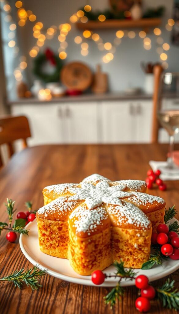 A beautifully styled pandoro, the traditional Italian Christmas cake, is the focal point, showcasing its star-shaped, golden-brown exterior with a dusting of powdered sugar atop. In the foreground, the pandoro is presented on an elegant white plate, surrounded by delicate sprigs of festive greenery and bright red holly berries, hinting at the holiday spirit. The middle ground features a slightly blurred wooden table setting, further emphasizing the cake, with warm, soft lighting that casts gentle shadows, creating an inviting atmosphere. In the background, a softly lit kitchen space with twinkling fairy lights hints at a cozy, celebratory ambiance, evoking the warmth of family gatherings during the holiday season. The composition should be photorealistic, shot with a shallow depth of field, giving the main subject a vibrant, appetizing appeal.