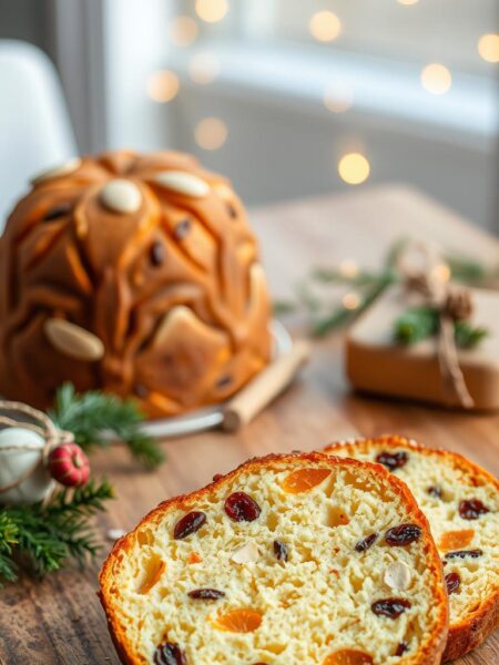 A beautifully styled panettone, showcasing its tall, dome-shaped form with a golden-brown crust, speckled with candied oranges, raisins, and almonds. In the foreground, the panettone is freshly sliced, revealing its soft, fluffy interior with vibrant fruit pieces. The middle ground features a rustic wooden table adorned with a few sprigs of evergreen and subtle holiday decorations, suggesting a cozy Christmas atmosphere. In the background, softly blurred fairy lights twinkle, creating a warm, inviting glow. The scene is softly illuminated by natural, warm light, giving a sense of freshness and homemade charm. Capture the angle from slightly above, focusing on the textures of the bread while allowing the festive elements to enhance the holiday spirit.