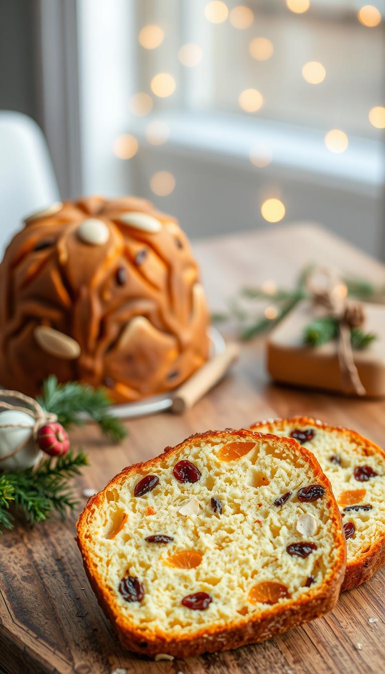 A beautifully styled panettone, showcasing its tall, dome-shaped form with a golden-brown crust, speckled with candied oranges, raisins, and almonds. In the foreground, the panettone is freshly sliced, revealing its soft, fluffy interior with vibrant fruit pieces. The middle ground features a rustic wooden table adorned with a few sprigs of evergreen and subtle holiday decorations, suggesting a cozy Christmas atmosphere. In the background, softly blurred fairy lights twinkle, creating a warm, inviting glow. The scene is softly illuminated by natural, warm light, giving a sense of freshness and homemade charm. Capture the angle from slightly above, focusing on the textures of the bread while allowing the festive elements to enhance the holiday spirit.