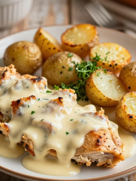 A beautifully styled plate of Dump-and-Bake Cheesy Ranch Chicken and Potatoes, artistically arranged for visual appeal. In the foreground, showcase tender pieces of chicken coated in a creamy, cheesy ranch sauce, glistening under soft, warm lighting. Surround the chicken with golden, roasted baby potatoes, lightly crispy on the outside and fluffy inside. In the middle, add a vibrant sprinkle of green herbs for freshness, enhancing the visual contrast. Background elements should include a rustic wooden table surface and soft-focus kitchen elements, creating a homely, inviting atmosphere. Use a shallow depth of field to draw attention to the dish, accentuating its mouthwatering appeal. The overall mood should be warm, cozy, and appetizing, perfect for a comforting dinner setting.