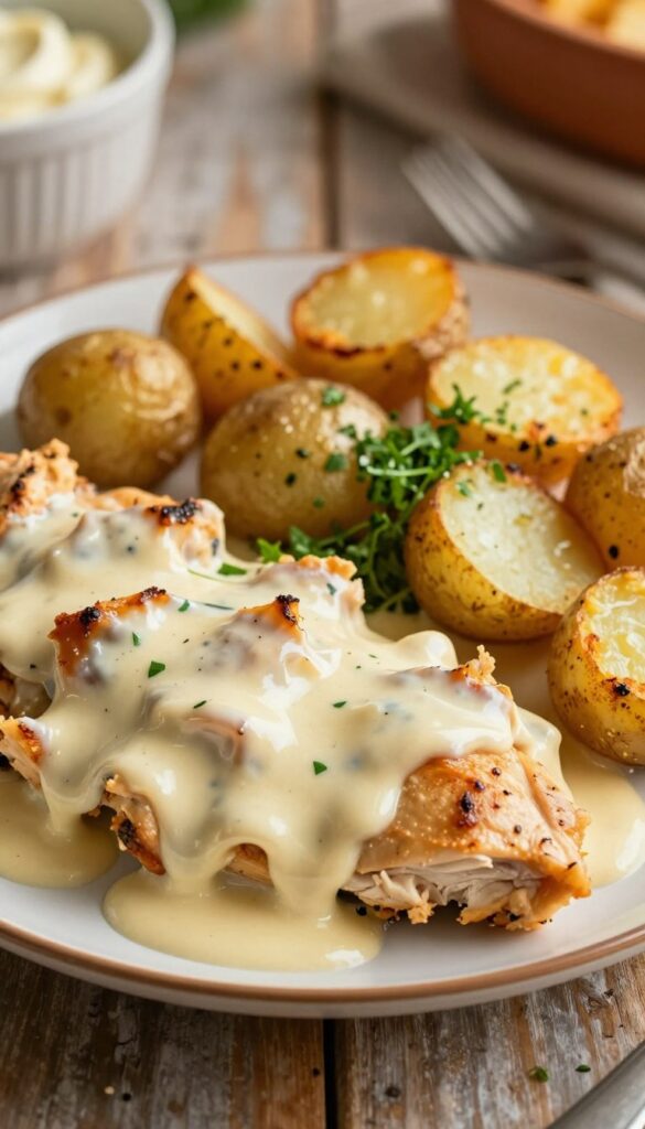 A beautifully styled plate of Dump-and-Bake Cheesy Ranch Chicken and Potatoes, artistically arranged for visual appeal. In the foreground, showcase tender pieces of chicken coated in a creamy, cheesy ranch sauce, glistening under soft, warm lighting. Surround the chicken with golden, roasted baby potatoes, lightly crispy on the outside and fluffy inside. In the middle, add a vibrant sprinkle of green herbs for freshness, enhancing the visual contrast. Background elements should include a rustic wooden table surface and soft-focus kitchen elements, creating a homely, inviting atmosphere. Use a shallow depth of field to draw attention to the dish, accentuating its mouthwatering appeal. The overall mood should be warm, cozy, and appetizing, perfect for a comforting dinner setting.
