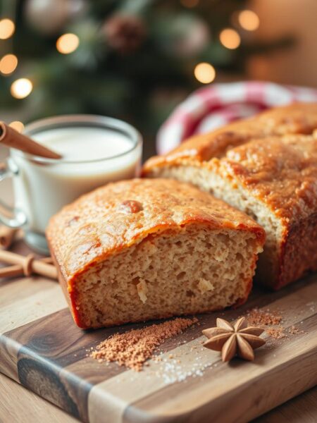 A beautifully styled slice of eggnog quick bread on a rustic wooden cutting board, with visible spices like nutmeg and cinnamon sprinkled artistically around it. The bread is golden-brown with a slightly glazed top, showcasing its moist texture. In the background, soft-focus holiday decorations, such as twinkling white lights and evergreen branches, create a warm, inviting atmosphere. Gentle, warm lighting enhances the cozy feel, casting soft shadows that add depth. The scene is shot from a slightly elevated angle, highlighting the bread's layers and ingredients. A cup of eggnog sits beside the bread, with a cinnamon stick placed on the rim, completing this festive culinary display.
