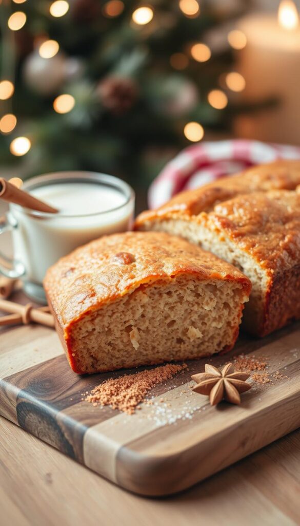 A beautifully styled slice of eggnog quick bread on a rustic wooden cutting board, with visible spices like nutmeg and cinnamon sprinkled artistically around it. The bread is golden-brown with a slightly glazed top, showcasing its moist texture. In the background, soft-focus holiday decorations, such as twinkling white lights and evergreen branches, create a warm, inviting atmosphere. Gentle, warm lighting enhances the cozy feel, casting soft shadows that add depth. The scene is shot from a slightly elevated angle, highlighting the bread's layers and ingredients. A cup of eggnog sits beside the bread, with a cinnamon stick placed on the rim, completing this festive culinary display.