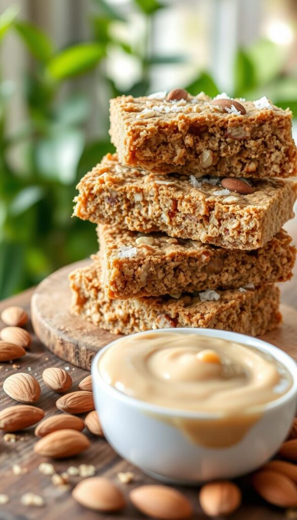A close-up of a rustic wooden table showcasing a stack of delicious almond butter oat bars, freshly cut and topped with a sprinkle of chopped almonds and sea salt. The bars should have a golden-brown crust, crumbly texture, and visible oats and almond chunks throughout. In the foreground, place a small bowl of creamy almond butter and a scattering of whole almonds for added texture and detail. The background features soft-focus greenery or natural light coming through a window, creating a warm and inviting atmosphere. Use bright, natural lighting to enhance the colors of the ingredients. Capture this scene from a slightly elevated angle to provide depth and focus on the bars.