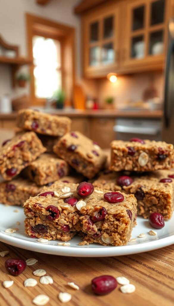 A close-up shot of a plate filled with homemade cranberry nut granola bars, showcasing their golden-brown texture studded with vibrant red cranberries and crunchy nuts like almonds and walnuts. The foreground features a few bars slightly broken to reveal their chewy, nutty interior, with a sprinkle of oats around them. The middle ground includes a rustic wooden table, enhancing the wholesome feel, while a soft-focus background reveals a cozy kitchen environment with natural wood cabinetry and warm, inviting lighting filtering through a nearby window. The overall atmosphere is warm and inviting, suggesting a healthy, home-cooked vibe, perfect for a nutritious snack.