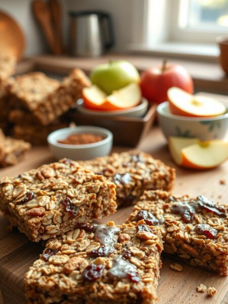 A close-up shot of delicious, homemade apple cinnamon granola bars arranged on a rustic wooden cutting board. The granola bars are packed with visible chunks of dried apple, cinnamon, and honey, glistening with a light glaze. In the foreground, a few bars are broken apart, revealing their chewy texture and an abundance of oats and nuts. The middle ground features a small bowl of apple slices and a sprinkle of cinnamon, adding to the fresh ingredients’ appeal. The background is softly blurred, showcasing a cozy kitchen with warm, natural lighting streaming in from a window. The mood is inviting and wholesome, perfect for a healthy snack. No text or logos included.
