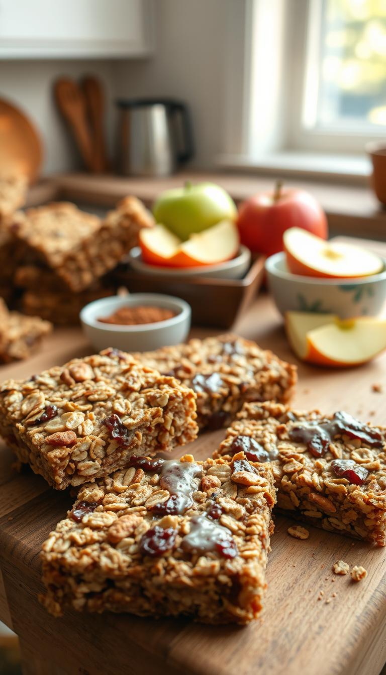 A close-up shot of delicious, homemade apple cinnamon granola bars arranged on a rustic wooden cutting board. The granola bars are packed with visible chunks of dried apple, cinnamon, and honey, glistening with a light glaze. In the foreground, a few bars are broken apart, revealing their chewy texture and an abundance of oats and nuts. The middle ground features a small bowl of apple slices and a sprinkle of cinnamon, adding to the fresh ingredients’ appeal. The background is softly blurred, showcasing a cozy kitchen with warm, natural lighting streaming in from a window. The mood is inviting and wholesome, perfect for a healthy snack. No text or logos included.