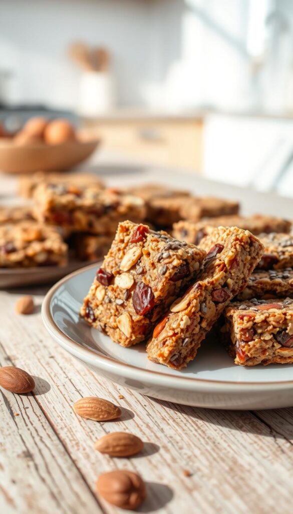 A close-up view of a beautifully arranged plate of no-bake date and nut granola bars, showcasing their rich textures and vibrant colors. The bars are cut into bite-sized pieces, revealing a mix of almonds, walnuts, and chewy dates, with a sprinkle of chia seeds on top. In the foreground, a few bars are leaning against each other for an appealing presentation, while others are artfully scattered around. Soft natural light illuminates the scene, creating gentle shadows that enhance the textures. The background features a light, rustic wooden table with a blurred kitchen setting, evoking a warm and inviting atmosphere. The overall mood is healthy and wholesome, perfect for a nutritious snack.