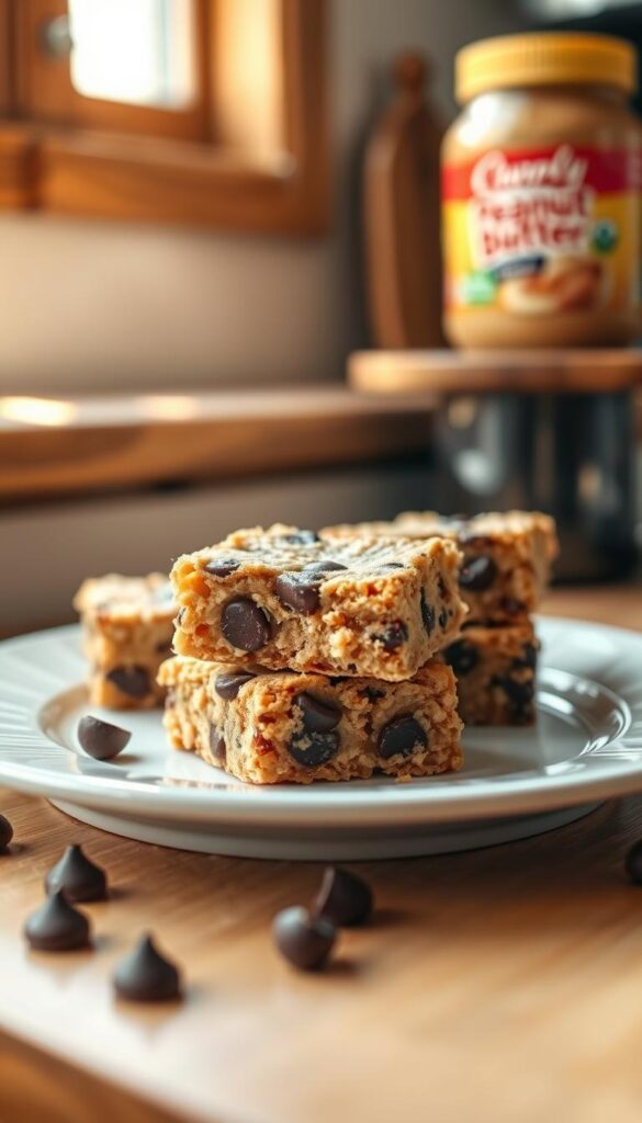 A close-up view of delicious peanut butter chocolate chip bars arranged neatly on a white ceramic plate. The bars are golden-brown with a slightly crumbly texture, featuring visible chocolate chips glistening on the surface. In the foreground, a few chocolate chips are scattered around the plate, emphasizing the rich ingredients. In the middle ground, a cozy kitchen scene is softly illuminated by warm, natural light streaming through a nearby window, casting gentle shadows. The background shows blurred hints of a wooden countertop and a jar of creamy peanut butter, adding context without distraction. The mood is inviting and homey, designed to evoke a sense of comfort and healthy indulgence.