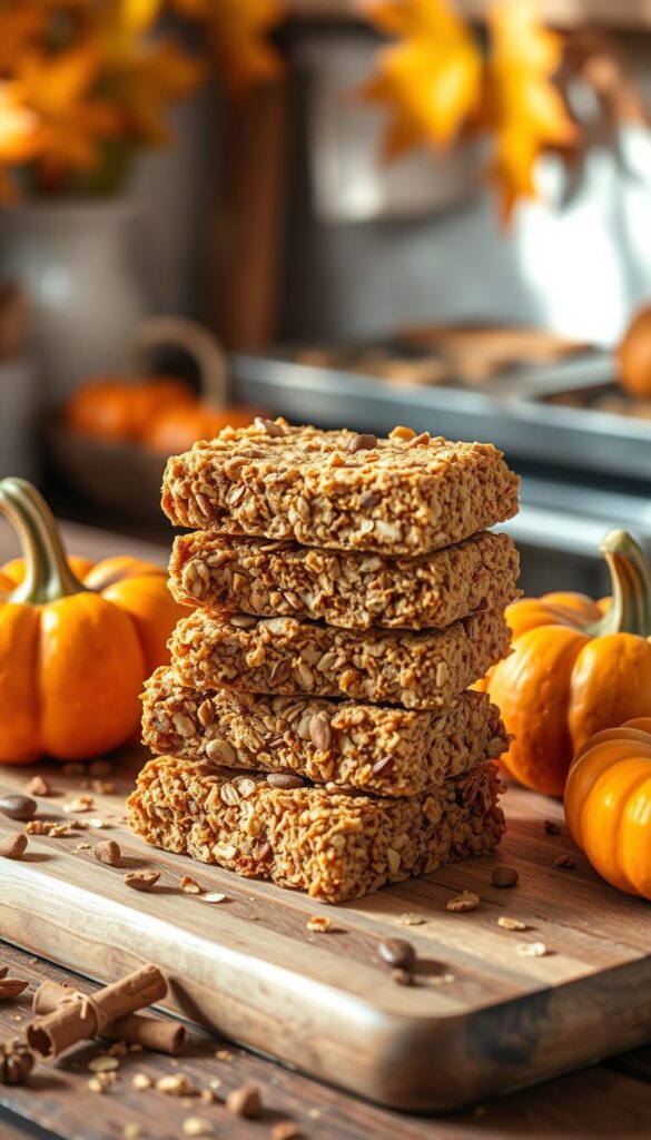 A close-up view of freshly made pumpkin spice granola bars, stacked neatly on a wooden cutting board. The bars are golden brown, studded with pumpkin seeds, oats, and hints of orange pumpkin puree. Surrounding the bars are whole pumpkins and scattered spices like cinnamon and nutmeg, creating a warm autumnal theme. Soft, natural lighting illuminates the scene from the side, casting gentle shadows and highlighting the textures of the granola. In the background, there are blurred autumn leaves and a rustic kitchen setting, evoking a cozy, inviting atmosphere. The overall mood is warm and inviting, perfect for showcasing a healthy snack.