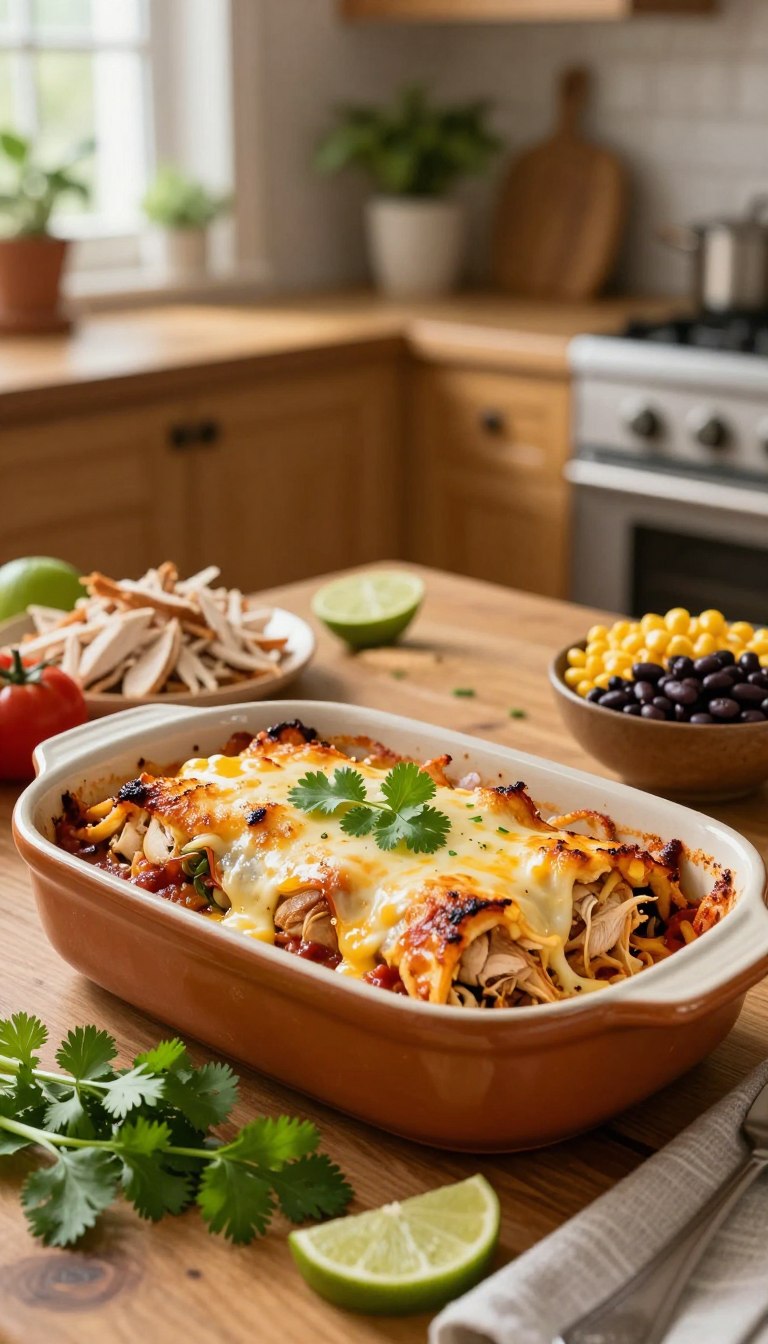 A cozy kitchen scene featuring a delectable chicken enchilada casserole, bubbling and golden-brown, set in a rustic ceramic dish. In the foreground, lush cilantro and slices of lime accentuate the dish, while melted cheese stretches invitingly. The middle ground showcases the casserole on a wooden table surrounded by colorful ingredients: shredded chicken, corn, black beans, and enchilada sauce. In the background, soft-focus kitchen decor, such as warm-toned cabinets and plants, sets a welcoming atmosphere. Soft, natural lighting filters through a nearby window, highlighting the rich colors of the casserole and the fresh ingredients. A shallow depth of field creates a sense of intimacy, emphasizing the delicious meal ready to be served, evoking warmth and home-cooked comfort. No text or overlays present.