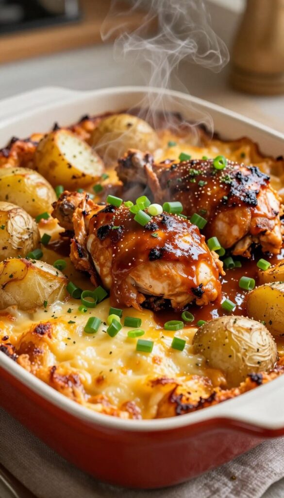 A delicious BBQ chicken casserole featuring tender, juicy chicken thighs slathered in a rich, smoky barbecue sauce. Surrounding the chicken are golden-brown, roasted baby potatoes, sprinkled with fresh herbs. The dish is served in a rustic ceramic baking dish, steam gently rising from the surface. In the foreground, the casserole is enticingly cheesy, with melted cheese bubbling on top, contrasting with a vibrant garnish of chopped green onions. The background showcases a warm, homely kitchen setting with soft, ambient lighting that highlights the vibrant colors of the dish. The focus is on the casserole, shot from a slightly elevated angle to capture all the delectable details, evoking a cozy and inviting atmosphere perfect for easy family dinners. A delicious BBQ chicken casserole featuring tender, juicy chicken thighs slathered in a rich, smoky barbecue sauce. Surrounding the chicken are golden-brown, roasted baby potatoes, sprinkled with fresh herbs. The dish is served in a rustic ceramic baking dish, steam gently rising from the surface. In the foreground, the casserole is enticingly cheesy, with melted cheese bubbling on top, contrasting with a vibrant garnish of chopped green onions. The background showcases a warm, homely kitchen setting with soft, ambient lighting that highlights the vibrant colors of the dish. The focus is on the casserole, shot from a slightly elevated angle to capture all the delectable details, evoking a cozy and inviting atmosphere perfect for easy family dinners.
