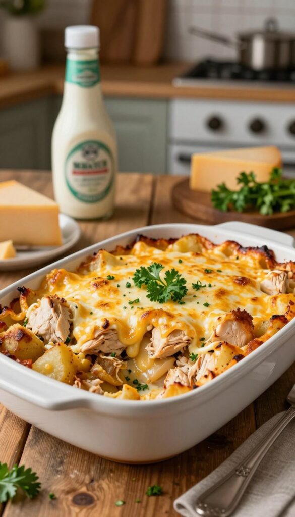 A delicious cheesy ranch chicken casserole is displayed on a rustic wooden table, showcasing a bubbling golden-brown top, melted cheese drizzling over tender pieces of chicken and seasoned potatoes. The foreground features a steaming dish, garnished with fresh parsley, emphasizing the warmth and inviting nature of the meal. In the middle background, a cozy kitchen setting is subtly illuminated by soft, warm lighting, highlighting colorful ingredients like ranch dressing, cheese, and herbs. A fork rests beside the casserole, hinting at indulgence. The overall atmosphere is homely and comforting, perfect for a family dinner. The image is captured from a slightly elevated angle to enhance the depth and detail of the dish. A delicious cheesy ranch chicken casserole is displayed on a rustic wooden table, showcasing a bubbling golden-brown top, melted cheese drizzling over tender pieces of chicken and seasoned potatoes. The foreground features a steaming dish, garnished with fresh parsley, emphasizing the warmth and inviting nature of the meal. In the middle background, a cozy kitchen setting is subtly illuminated by soft, warm lighting, highlighting colorful ingredients like ranch dressing, cheese, and herbs. A fork rests beside the casserole, hinting at indulgence. The overall atmosphere is homely and comforting, perfect for a family dinner. The image is captured from a slightly elevated angle to enhance the depth and detail of the dish.