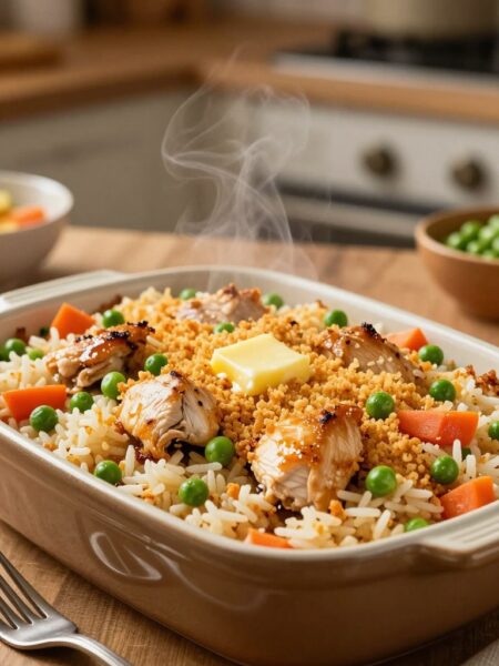 A delicious chicken rice casserole served in a rustic ceramic dish, filled to the brim with tender, golden chicken pieces, fluffy white rice, and vibrant green peas and carrots. The casserole is topped with a golden, crispy breadcrumb layer, glistening slightly with melted butter. In the foreground, a fork rests casually on a wooden table, inviting a taste. In the middle, the casserole is beautifully presented, steam rising gently, highlighting its warmth and comfort. The background features a softly blurred kitchen setting with warm, inviting lighting that casts a cozy glow, creating a homely atmosphere. The angle is slightly elevated, capturing the dish in its entirety while emphasizing its inviting texture and colors. An overall mood of warmth and ease permeates the scene, perfect for a comforting family meal.