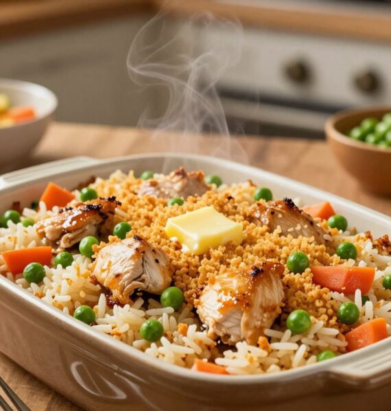 A delicious chicken rice casserole served in a rustic ceramic dish, filled to the brim with tender, golden chicken pieces, fluffy white rice, and vibrant green peas and carrots. The casserole is topped with a golden, crispy breadcrumb layer, glistening slightly with melted butter. In the foreground, a fork rests casually on a wooden table, inviting a taste. In the middle, the casserole is beautifully presented, steam rising gently, highlighting its warmth and comfort. The background features a softly blurred kitchen setting with warm, inviting lighting that casts a cozy glow, creating a homely atmosphere. The angle is slightly elevated, capturing the dish in its entirety while emphasizing its inviting texture and colors. An overall mood of warmth and ease permeates the scene, perfect for a comforting family meal.