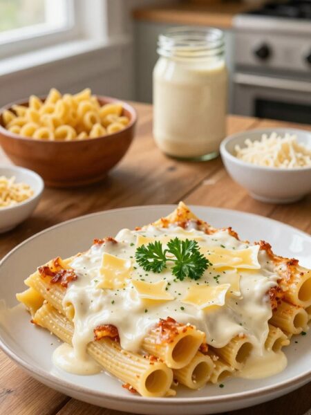 A delicious plate of baked ziti alfredo sits prominently in the foreground, showcasing perfectly cooked ziti pasta, generously coated in a creamy alfredo sauce, and topped with melted mozzarella and a sprinkle of parsley for freshness. In the middle ground, a rustic wooden table holds a colorful array of ingredients: a bowl of uncooked ziti, a jar of alfredo sauce, and a dish of grated cheese. In the background, a warm, inviting kitchen is softly illuminated by natural light streaming through a window, creating a cozy and homely atmosphere. The scene conveys a sense of simplicity and comfort, making the viewer feel as if they could easily recreate this delicious dump-and-bake meal at home. The angle captures the dish slightly from above, emphasizing its creamy texture and tantalizing toppings.