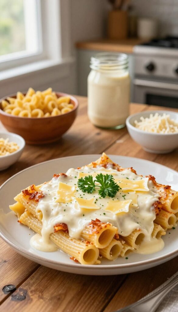A delicious plate of baked ziti alfredo sits prominently in the foreground, showcasing perfectly cooked ziti pasta, generously coated in a creamy alfredo sauce, and topped with melted mozzarella and a sprinkle of parsley for freshness. In the middle ground, a rustic wooden table holds a colorful array of ingredients: a bowl of uncooked ziti, a jar of alfredo sauce, and a dish of grated cheese. In the background, a warm, inviting kitchen is softly illuminated by natural light streaming through a window, creating a cozy and homely atmosphere. The scene conveys a sense of simplicity and comfort, making the viewer feel as if they could easily recreate this delicious dump-and-bake meal at home. The angle captures the dish slightly from above, emphasizing its creamy texture and tantalizing toppings.
