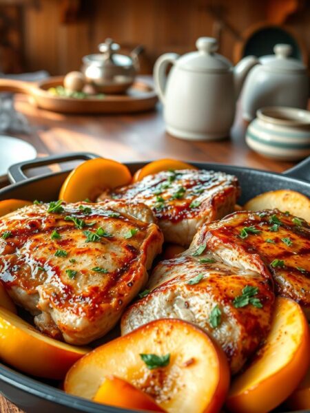A deliciously arranged one-pan meal featuring juicy pork chops nestled alongside slices of tender, caramelized apples. In the foreground, the golden-brown pork chops are garnished with fresh green herbs, showcasing their succulent texture. The middle ground includes vibrant apple slices, some with a slight gloss from a sweet glaze, resting against the seared meat. The background reveals a rustic kitchen setting with a wooden table, vintage kitchenware, and soft, inviting lighting streaming from a window, casting gentle shadows. The overall mood is warm and comforting, ideal for a cozy evening meal. Use a shallow depth of field to highlight the pork and apples while softly blurring the background, creating an atmospheric, homey feel.