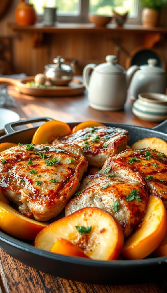 A deliciously arranged one-pan meal featuring juicy pork chops nestled alongside slices of tender, caramelized apples. In the foreground, the golden-brown pork chops are garnished with fresh green herbs, showcasing their succulent texture. The middle ground includes vibrant apple slices, some with a slight gloss from a sweet glaze, resting against the seared meat. The background reveals a rustic kitchen setting with a wooden table, vintage kitchenware, and soft, inviting lighting streaming from a window, casting gentle shadows. The overall mood is warm and comforting, ideal for a cozy evening meal. Use a shallow depth of field to highlight the pork and apples while softly blurring the background, creating an atmospheric, homey feel. A deliciously arranged one-pan meal featuring juicy pork chops nestled alongside slices of tender, caramelized apples. In the foreground, the golden-brown pork chops are garnished with fresh green herbs, showcasing their succulent texture. The middle ground includes vibrant apple slices, some with a slight gloss from a sweet glaze, resting against the seared meat. The background reveals a rustic kitchen setting with a wooden table, vintage kitchenware, and soft, inviting lighting streaming from a window, casting gentle shadows. The overall mood is warm and comforting, ideal for a cozy evening meal. Use a shallow depth of field to highlight the pork and apples while softly blurring the background, creating an atmospheric, homey feel.