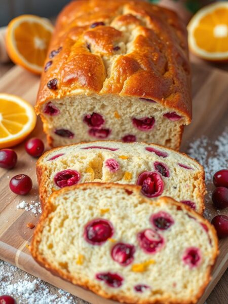 A freshly baked cranberry orange bread displayed on a rustic wooden cutting board, with radiant orange segments and plump cranberries scattered around it. The bread is golden brown with a glossy glaze, showcasing its crusty texture. In the foreground, a few slices are cut, revealing the moist, vibrant interior filled with pockets of juicy cranberries and zesty orange zest. The background features softly blurred kitchen elements, like a rolling pin, flour dusted on the surface, and subtle greenery from a nearby plant, enhancing the cozy atmosphere. The warm, inviting lighting creates a homely feel, reminiscent of holiday baking. The image captures the essence of winter festivities, ideal for a festive culinary theme.