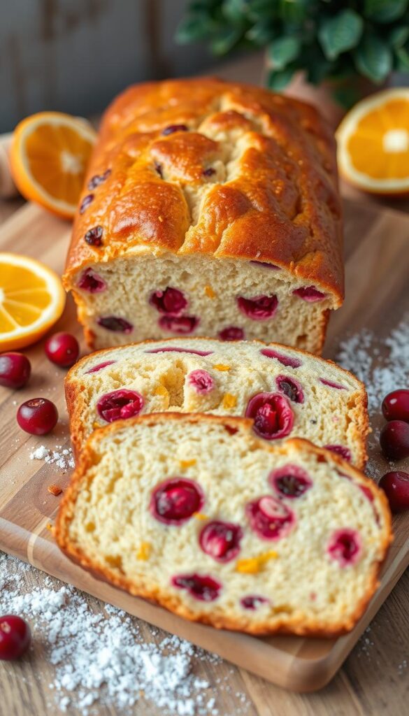 A freshly baked cranberry orange bread displayed on a rustic wooden cutting board, with radiant orange segments and plump cranberries scattered around it. The bread is golden brown with a glossy glaze, showcasing its crusty texture. In the foreground, a few slices are cut, revealing the moist, vibrant interior filled with pockets of juicy cranberries and zesty orange zest. The background features softly blurred kitchen elements, like a rolling pin, flour dusted on the surface, and subtle greenery from a nearby plant, enhancing the cozy atmosphere. The warm, inviting lighting creates a homely feel, reminiscent of holiday baking. The image captures the essence of winter festivities, ideal for a festive culinary theme.