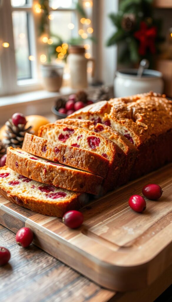 A freshly baked cranberry orange bread, sliced to reveal its vibrant red cranberries and bright orange zest, resting elegantly on a rustic wooden cutting board. Each slice exhibits a beautifully golden crust, flecked with bits of orange and glistening cranberries, emitting steam as if just out of the oven. In the background, a cozy kitchen scene unfolds with warm, ambient lighting, showcasing hints of holiday decorations like pinecones and twinkling fairy lights. The setting conveys a warm, festive atmosphere, inviting and homely, ideal for the Christmas season. The shot is taken at a 45-degree angle, focusing closely on the bread's textures and colors, beautifully illuminated by soft, natural light filtering through a nearby window.