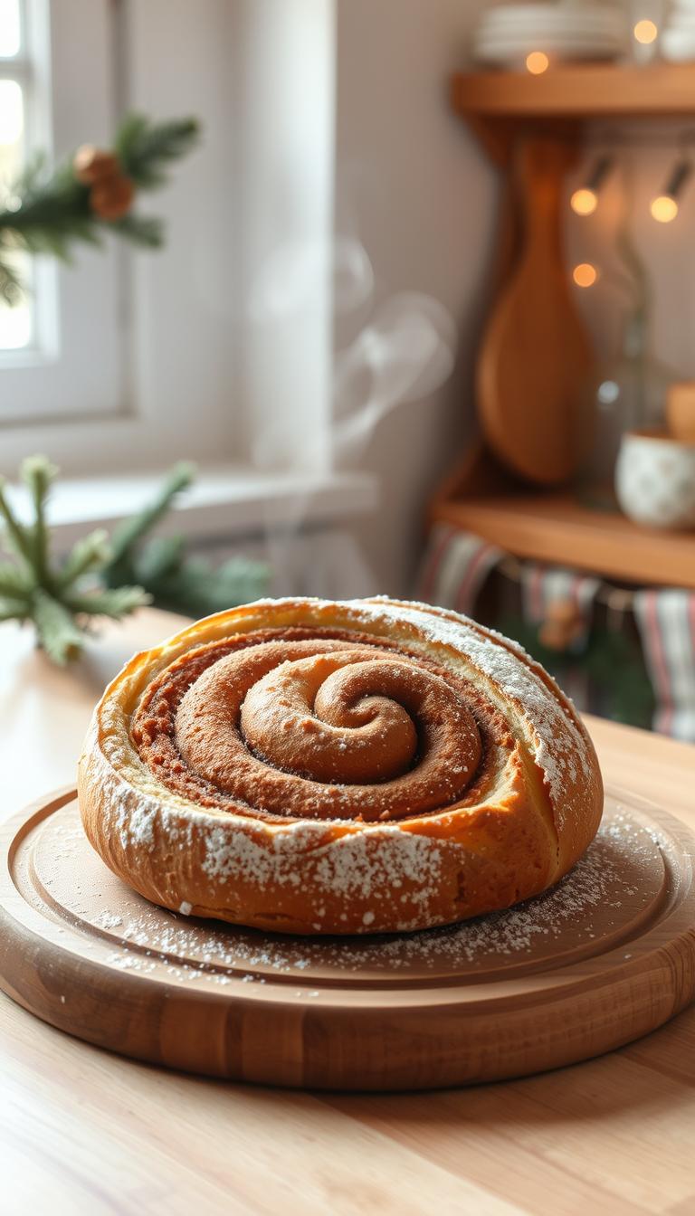 A freshly baked, golden-brown cinnamon swirl bread lies beautifully on a rustic wooden cutting board, showcasing its intricate swirls of rich cinnamon and sugary filling. The bread is slightly warm, with steam rising gently from the surface, hinting at its freshly baked state. Sprinkled lightly with powdered sugar, the bread invites a sense of warmth and indulgence. Soft, diffused natural light streams in from a nearby window, casting gentle shadows and highlighting the textures of the crust and the gooey interior. In the background, a cozy kitchen setting features hints of holiday decorations—evergreen branches and twinkling fairy lights—creating a festive atmosphere. The focus is solely on the cinnamon swirl bread, emphasizing its mouthwatering appeal and festive charm.