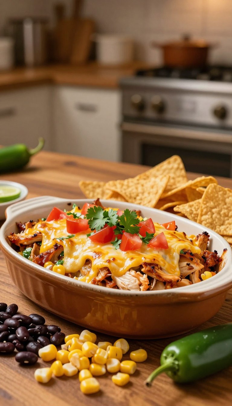 A mouthwatering chicken taco casserole served in a rustic ceramic dish, topped with melted cheese, vibrant diced tomatoes, and fresh cilantro. In the foreground, the casserole is surrounded by colorful ingredients such as corn, black beans, and jalapeños, beautifully arranged on a wooden table. The middle layer features appetizing golden tortilla chips artfully placed around the dish, adding texture and color. The background includes a warm kitchen setting with soft, inviting lighting, casting a cozy ambiance. Capture the dish from a slightly elevated angle, highlighting the layers and richness of the casserole. The mood is homely and welcoming, perfect for a comforting meal on a busy night.