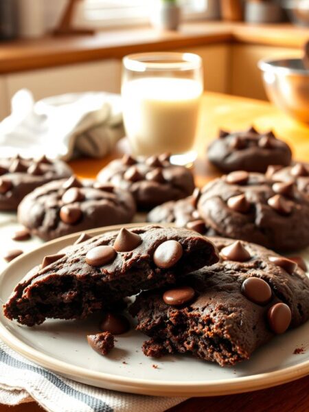 A plate of freshly baked double chocolate fudge cookies, artfully arranged in a cozy kitchen setting. The cookies are thick, chewy, and richly dark in color, with melted chocolate chips glistening on top. In the foreground, a few cookies are slightly broken, revealing a gooey, fudgy center. The middle ground showcases a warm, wooden kitchen table, adorned with a striped linen napkin and a glass of milk beside the plate. Soft, natural light streams in from a nearby window, casting gentle shadows and highlighting the textures of the cookies. The background features blurred kitchen utensils and a hint of a mixing bowl to evoke a homely atmosphere. The overall mood is inviting and warm, perfect for a delightful baking experience.