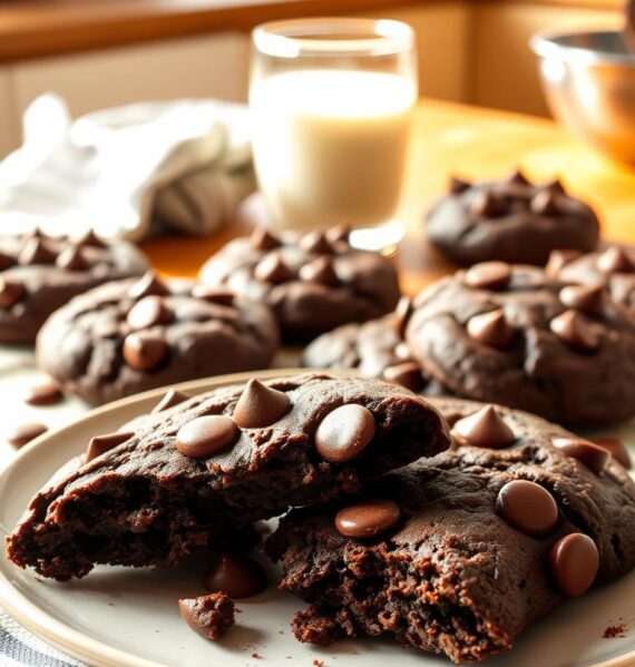 A plate of freshly baked double chocolate fudge cookies, artfully arranged in a cozy kitchen setting. The cookies are thick, chewy, and richly dark in color, with melted chocolate chips glistening on top. In the foreground, a few cookies are slightly broken, revealing a gooey, fudgy center. The middle ground showcases a warm, wooden kitchen table, adorned with a striped linen napkin and a glass of milk beside the plate. Soft, natural light streams in from a nearby window, casting gentle shadows and highlighting the textures of the cookies. The background features blurred kitchen utensils and a hint of a mixing bowl to evoke a homely atmosphere. The overall mood is inviting and warm, perfect for a delightful baking experience.
