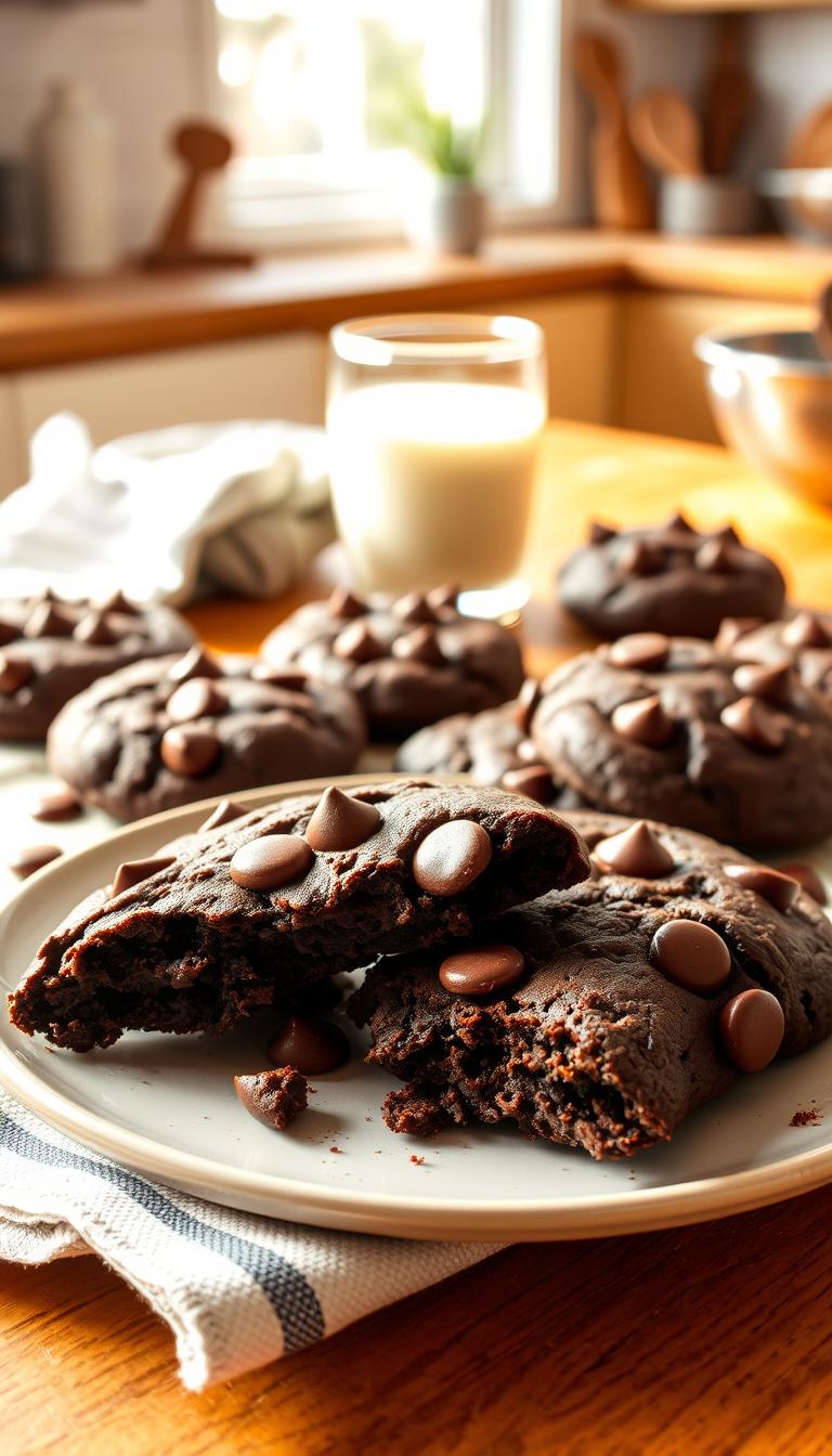 A plate of freshly baked double chocolate fudge cookies, artfully arranged in a cozy kitchen setting. The cookies are thick, chewy, and richly dark in color, with melted chocolate chips glistening on top. In the foreground, a few cookies are slightly broken, revealing a gooey, fudgy center. The middle ground showcases a warm, wooden kitchen table, adorned with a striped linen napkin and a glass of milk beside the plate. Soft, natural light streams in from a nearby window, casting gentle shadows and highlighting the textures of the cookies. The background features blurred kitchen utensils and a hint of a mixing bowl to evoke a homely atmosphere. The overall mood is inviting and warm, perfect for a delightful baking experience.