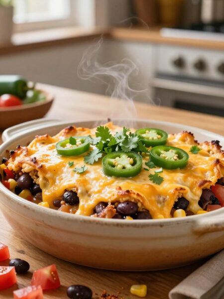 A vibrant, mouthwatering taco casserole displayed in a rustic ceramic dish, placed on a wooden kitchen table. The casserole is generously topped with melted cheese, fresh chopped cilantro, and slices of jalapeños, exuding warmth and deliciousness. In the foreground, colorful ingredients like diced tomatoes, black beans, corn, and taco seasoning are scattered around, hinting at the easy dump-and-bake preparation. The middle layer features the casserole with its bubbly golden crust, steaming gently. In the background, a cozy kitchen ambiance is captured with soft, natural lighting streaming through a window, casting a warm glow over the scene. The mood is inviting and family-friendly, perfect for a quick and satisfying meal.