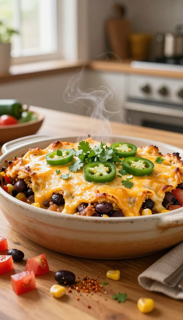 A vibrant, mouthwatering taco casserole displayed in a rustic ceramic dish, placed on a wooden kitchen table. The casserole is generously topped with melted cheese, fresh chopped cilantro, and slices of jalapeños, exuding warmth and deliciousness. In the foreground, colorful ingredients like diced tomatoes, black beans, corn, and taco seasoning are scattered around, hinting at the easy dump-and-bake preparation. The middle layer features the casserole with its bubbly golden crust, steaming gently. In the background, a cozy kitchen ambiance is captured with soft, natural lighting streaming through a window, casting a warm glow over the scene. The mood is inviting and family-friendly, perfect for a quick and satisfying meal.