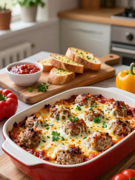 A visually enticing meatball parmesan bake set against a rustic kitchen backdrop. In the foreground, a vibrant, casserole dish overflowing with golden-brown meatballs topped with bubbling, melted mozzarella cheese and fresh parsley sprigs. The dish is surrounded by a scattering of colorful bell peppers and red marinara sauce, adding pops of color. In the middle ground, a wooden cutting board displays freshly baked garlic bread slices, slightly toasted and glistening with olive oil, alongside a small bowl of marinara for dipping. The background features sunlit kitchen shelves filled with herbs and spices, creating a warm, inviting atmosphere. The lighting is soft and natural, offering a cozy feel, while the lens focuses on the casserole with a slight vignette to enhance depth. This image captures the essence of comfort food and easy meal preparation.