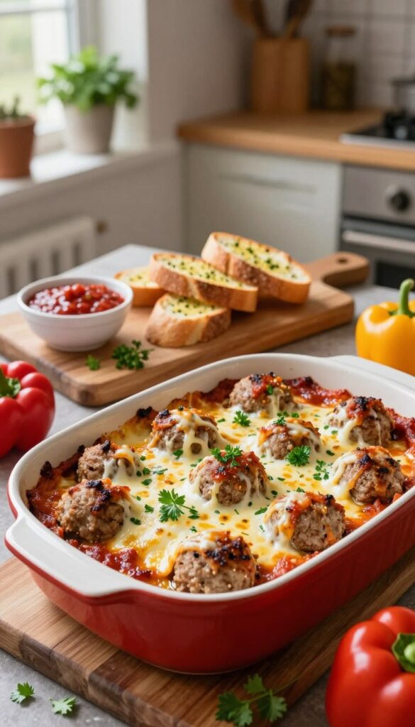A visually enticing meatball parmesan bake set against a rustic kitchen backdrop. In the foreground, a vibrant, casserole dish overflowing with golden-brown meatballs topped with bubbling, melted mozzarella cheese and fresh parsley sprigs. The dish is surrounded by a scattering of colorful bell peppers and red marinara sauce, adding pops of color. In the middle ground, a wooden cutting board displays freshly baked garlic bread slices, slightly toasted and glistening with olive oil, alongside a small bowl of marinara for dipping. The background features sunlit kitchen shelves filled with herbs and spices, creating a warm, inviting atmosphere. The lighting is soft and natural, offering a cozy feel, while the lens focuses on the casserole with a slight vignette to enhance depth. This image captures the essence of comfort food and easy meal preparation.