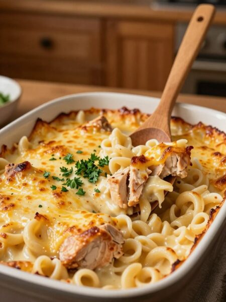 A warm and inviting chicken Alfredo casserole sits freshly baked in a ceramic dish, its creamy, cheesy sauce glistening under soft, ambient lighting. The foreground showcases the casserole, featuring tender chunks of chicken, al dente pasta, and a golden-brown, bubbly cheese topping with a sprinkle of chopped parsley for garnish. In the middle, a wooden spoon leans against the dish, suggesting a homey, ready-to-serve feel. The background is softly blurred, featuring a rustic kitchen setting with warm wooden cabinets and subtle home decor, evoking a cozy atmosphere. The angle captures a slight overhead view, emphasizing the dish's inviting texture and richness, inviting the viewer to imagine sharing this delicious meal with loved ones.