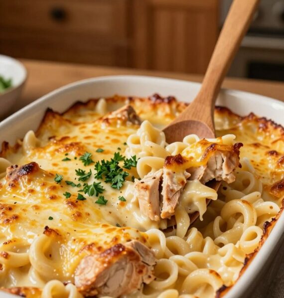 A warm and inviting chicken Alfredo casserole sits freshly baked in a ceramic dish, its creamy, cheesy sauce glistening under soft, ambient lighting. The foreground showcases the casserole, featuring tender chunks of chicken, al dente pasta, and a golden-brown, bubbly cheese topping with a sprinkle of chopped parsley for garnish. In the middle, a wooden spoon leans against the dish, suggesting a homey, ready-to-serve feel. The background is softly blurred, featuring a rustic kitchen setting with warm wooden cabinets and subtle home decor, evoking a cozy atmosphere. The angle captures a slight overhead view, emphasizing the dish's inviting texture and richness, inviting the viewer to imagine sharing this delicious meal with loved ones.