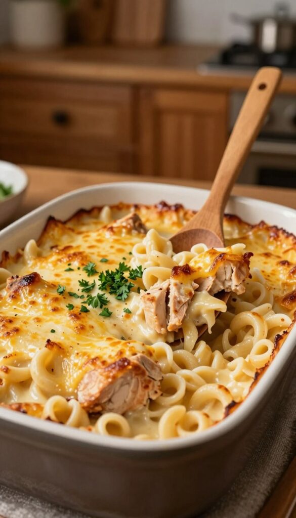 A warm and inviting chicken Alfredo casserole sits freshly baked in a ceramic dish, its creamy, cheesy sauce glistening under soft, ambient lighting. The foreground showcases the casserole, featuring tender chunks of chicken, al dente pasta, and a golden-brown, bubbly cheese topping with a sprinkle of chopped parsley for garnish. In the middle, a wooden spoon leans against the dish, suggesting a homey, ready-to-serve feel. The background is softly blurred, featuring a rustic kitchen setting with warm wooden cabinets and subtle home decor, evoking a cozy atmosphere. The angle captures a slight overhead view, emphasizing the dish's inviting texture and richness, inviting the viewer to imagine sharing this delicious meal with loved ones.