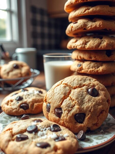A warm, inviting display of soft bakery-style chocolate chip cookies stacked on a rustic wooden table. The cookies are golden-brown with a slightly cracked surface, revealing gooey, melted chocolate chips. In the foreground, a few cookies are placed on a charming patterned plate, surrounded by a sprinkle of coarse sea salt and a delicate dusting of powdered sugar. In the middle, a glass of milk is placed beside the cookies, with condensation beading on its surface, enhancing the inviting atmosphere. The background features a soft-focus kitchen setting with natural sunlight streaming in through a window, creating a cozy and homely vibe. Capture the image from a slightly elevated angle, emphasizing the texture and warmth of the cookies. The overall mood is comforting and delicious, perfect for a bakery ambiance.