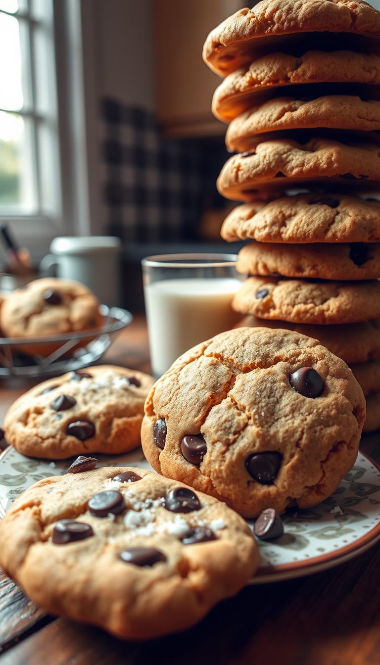 A warm, inviting display of soft bakery-style chocolate chip cookies stacked on a rustic wooden table. The cookies are golden-brown with a slightly cracked surface, revealing gooey, melted chocolate chips. In the foreground, a few cookies are placed on a charming patterned plate, surrounded by a sprinkle of coarse sea salt and a delicate dusting of powdered sugar. In the middle, a glass of milk is placed beside the cookies, with condensation beading on its surface, enhancing the inviting atmosphere. The background features a soft-focus kitchen setting with natural sunlight streaming in through a window, creating a cozy and homely vibe. Capture the image from a slightly elevated angle, emphasizing the texture and warmth of the cookies. The overall mood is comforting and delicious, perfect for a bakery ambiance.