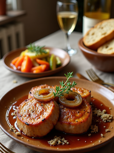 Pan-seared pork chops topped with caramelized onions and fresh thyme, served in a rich maple sauce with crusty bread and white wine on a cozy dinner table.
