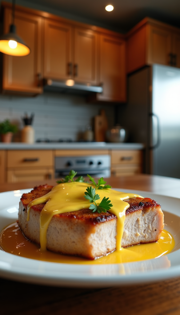 Golden pan-seared pork chop with rich hollandaise sauce and fresh parsley garnish on a white plate