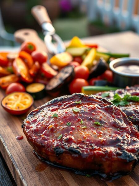 BBQ pork chops glistening with a rich, smoky glaze, placed prominently in the foreground, garnished with fresh herbs. Alongside, a vibrant array of roasted veggies, including caramelized bell peppers, zucchini, and cherry tomatoes, artfully arranged for a colorful contrast. In the middle ground, a rustic wooden board adds warmth to the scene, with a soft focus on the grilling utensils and a small bowl of BBQ sauce. The background features a softly blurred outdoor setting with hints of greenery and a warm evening light, creating a cozy, inviting atmosphere. The composition is captured with a close-up angle to highlight the textures and colors, while soft, natural lighting enhances the delicious appeal of the meal. The mood is relaxed and homey, perfect for showcasing a comforting dinner option.