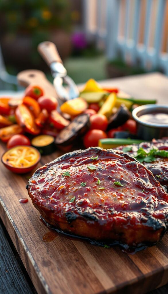 BBQ pork chops glistening with a rich, smoky glaze, placed prominently in the foreground, garnished with fresh herbs. Alongside, a vibrant array of roasted veggies, including caramelized bell peppers, zucchini, and cherry tomatoes, artfully arranged for a colorful contrast. In the middle ground, a rustic wooden board adds warmth to the scene, with a soft focus on the grilling utensils and a small bowl of BBQ sauce. The background features a softly blurred outdoor setting with hints of greenery and a warm evening light, creating a cozy, inviting atmosphere. The composition is captured with a close-up angle to highlight the textures and colors, while soft, natural lighting enhances the delicious appeal of the meal. The mood is relaxed and homey, perfect for showcasing a comforting dinner option. BBQ pork chops glistening with a rich, smoky glaze, placed prominently in the foreground, garnished with fresh herbs. Alongside, a vibrant array of roasted veggies, including caramelized bell peppers, zucchini, and cherry tomatoes, artfully arranged for a colorful contrast. In the middle ground, a rustic wooden board adds warmth to the scene, with a soft focus on the grilling utensils and a small bowl of BBQ sauce. The background features a softly blurred outdoor setting with hints of greenery and a warm evening light, creating a cozy, inviting atmosphere. The composition is captured with a close-up angle to highlight the textures and colors, while soft, natural lighting enhances the delicious appeal of the meal. The mood is relaxed and homey, perfect for showcasing a comforting dinner option.