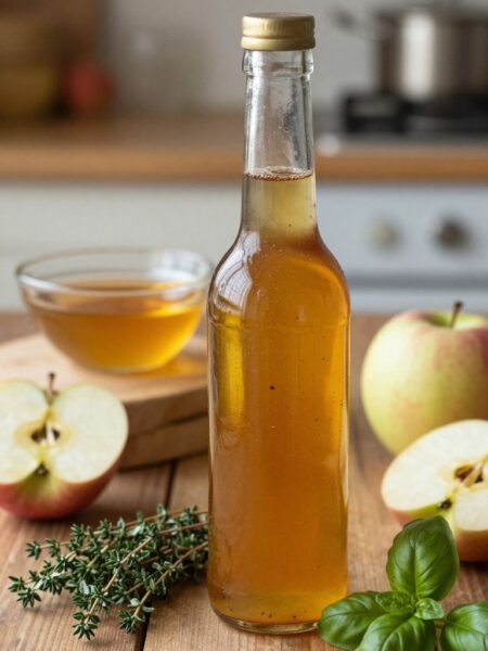 A beautifully arranged bottle of apple cider vinaigrette, featuring a rich, amber hue with flecks of spices. In the foreground, the vinaigrette bottle is elegantly placed on a rustic wooden table, surrounded by fresh, crisp apples and a handful of herbs like thyme and fresh basil. The middle layer showcases a small glass bowl filled with the vinaigrette, glistening under warm, soft natural light that highlights its texture. In the background, a blurred kitchen scene hints at a cozy atmosphere, with muted tones and subtle hints of kitchenware. The overall mood is inviting and wholesome, capturing the essence of homemade goodness. The image employs a soft focus technique to enhance the primary subject, creating an atmosphere of warmth and culinary delight.