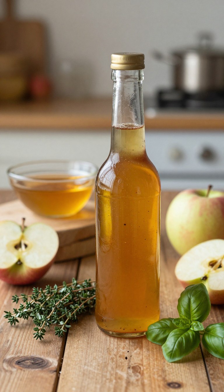 A beautifully arranged bottle of apple cider vinaigrette, featuring a rich, amber hue with flecks of spices. In the foreground, the vinaigrette bottle is elegantly placed on a rustic wooden table, surrounded by fresh, crisp apples and a handful of herbs like thyme and fresh basil. The middle layer showcases a small glass bowl filled with the vinaigrette, glistening under warm, soft natural light that highlights its texture. In the background, a blurred kitchen scene hints at a cozy atmosphere, with muted tones and subtle hints of kitchenware. The overall mood is inviting and wholesome, capturing the essence of homemade goodness. The image employs a soft focus technique to enhance the primary subject, creating an atmosphere of warmth and culinary delight.