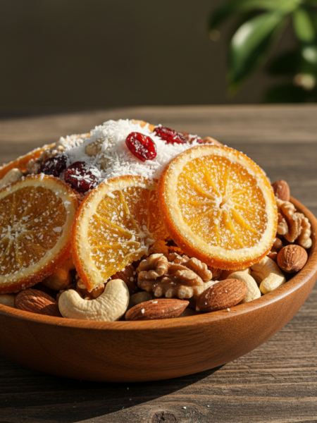 A beautifully arranged bowl of candied orange peel trail mix, featuring vibrant orange slices glistening with sugar, surrounded by a variety of nuts such as almonds, walnuts, and cashews. The mix is garnished with a sprinkle of coconut flakes and a dash of colorful dried cranberries for contrast. Set against a rustic wooden table, soft natural light filters in from the left, creating warm highlights and gentle shadows. The background softly blurs to emphasize the textures of the trail mix, with a faint hint of greenery from a nearby plant. The overall mood is warm and inviting, celebrating the delicious and vibrant nature of the candied orange peel trail mix, perfect for a healthy snack.