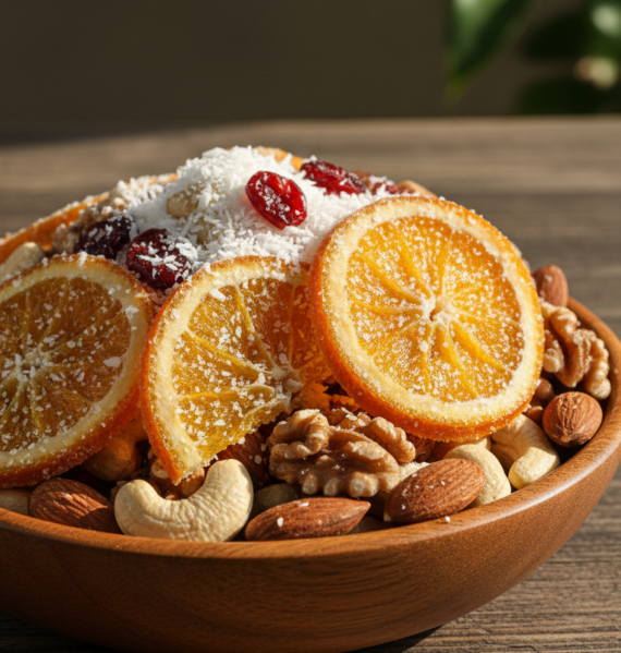 A beautifully arranged bowl of candied orange peel trail mix, featuring vibrant orange slices glistening with sugar, surrounded by a variety of nuts such as almonds, walnuts, and cashews. The mix is garnished with a sprinkle of coconut flakes and a dash of colorful dried cranberries for contrast. Set against a rustic wooden table, soft natural light filters in from the left, creating warm highlights and gentle shadows. The background softly blurs to emphasize the textures of the trail mix, with a faint hint of greenery from a nearby plant. The overall mood is warm and inviting, celebrating the delicious and vibrant nature of the candied orange peel trail mix, perfect for a healthy snack.