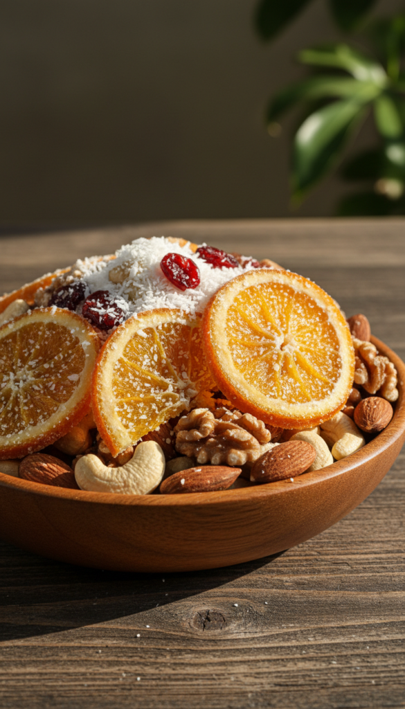 A beautifully arranged bowl of candied orange peel trail mix, featuring vibrant orange slices glistening with sugar, surrounded by a variety of nuts such as almonds, walnuts, and cashews. The mix is garnished with a sprinkle of coconut flakes and a dash of colorful dried cranberries for contrast. Set against a rustic wooden table, soft natural light filters in from the left, creating warm highlights and gentle shadows. The background softly blurs to emphasize the textures of the trail mix, with a faint hint of greenery from a nearby plant. The overall mood is warm and inviting, celebrating the delicious and vibrant nature of the candied orange peel trail mix, perfect for a healthy snack.